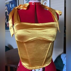 Gold Bustier Crop Top with Bow Tie Straps Corset